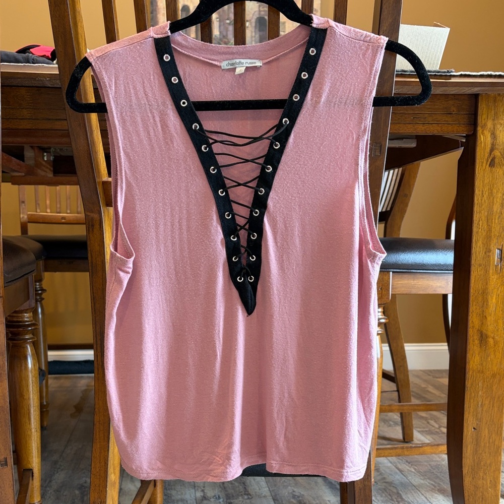 Charlotte Russe dusty pink tank with Black Lace-Up Detail